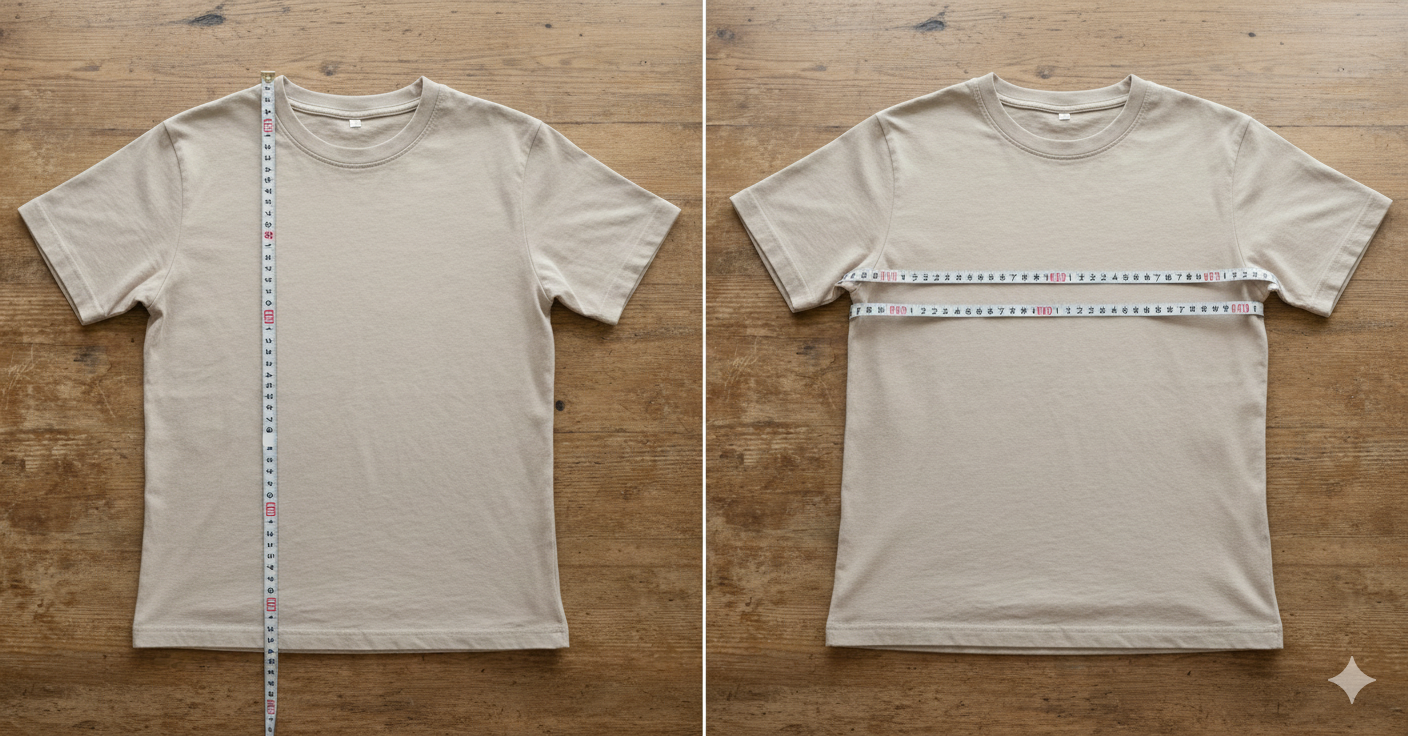 Before/after overlay with measurement guides: a cotton T-shirt length increases ~2 cm and chest ~1 cm after damp blocking.