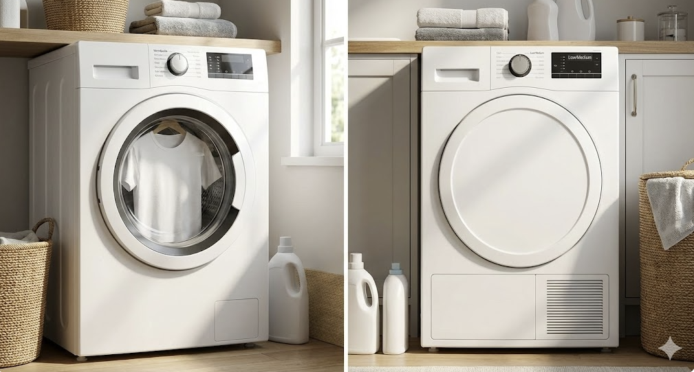 Laundry close-up: washer set to Warm/Gentle and dryer set to Low/Medium; plain 100% cotton tee visible in the drum.
