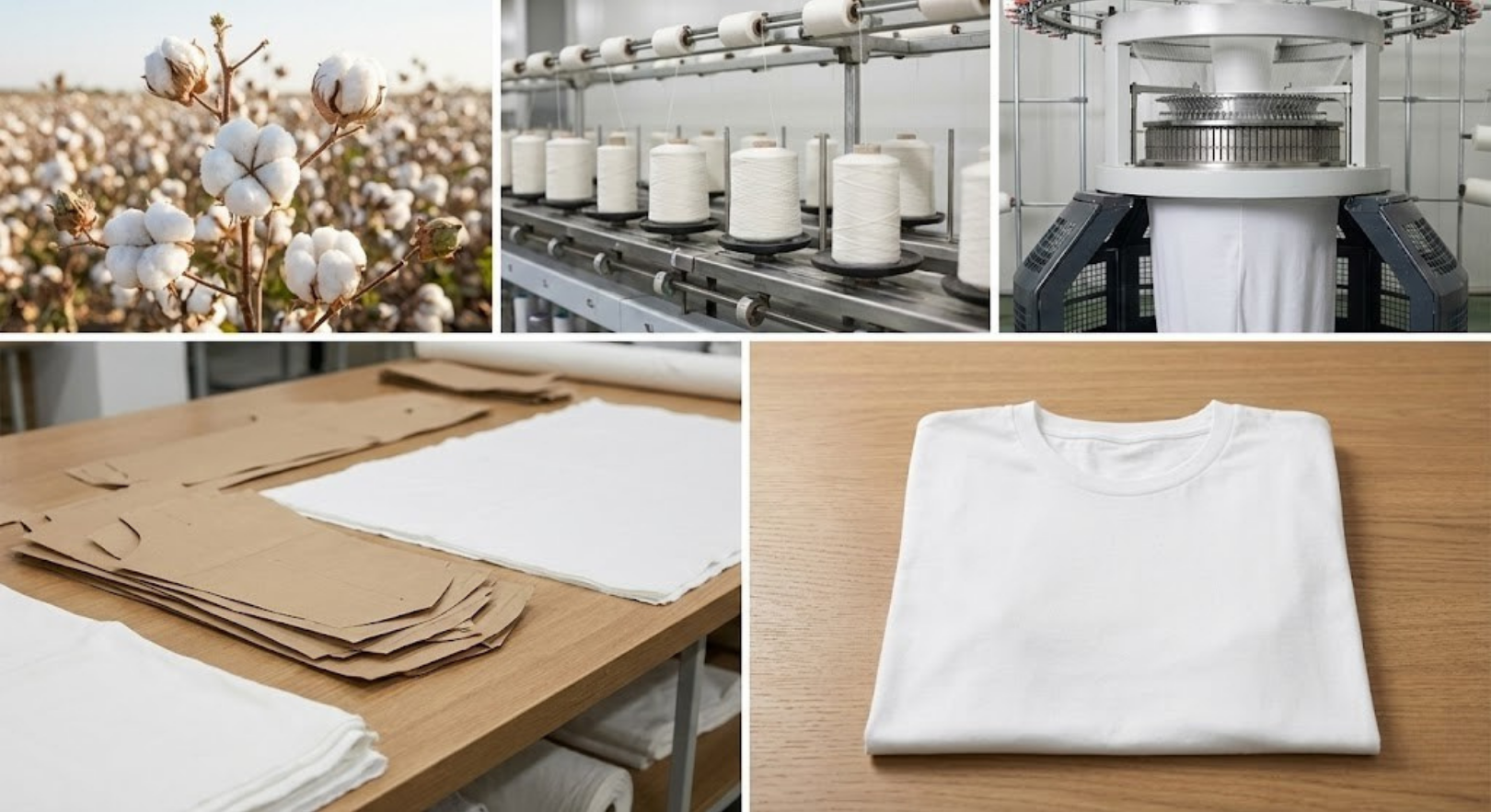 Sequence collage: cotton bolls → spinning frames with yarn → circular knitting machine → cut panels on a table → finished T-shirt.