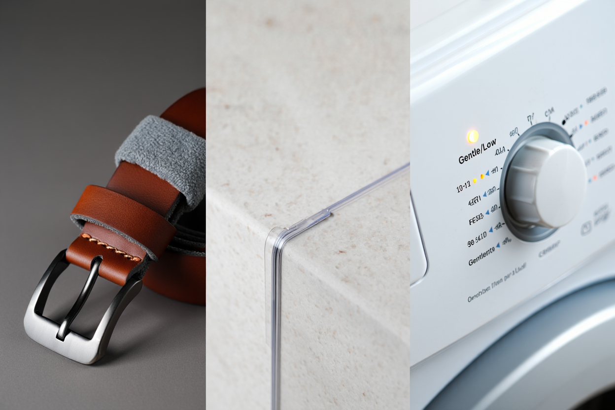 Composite: belt buckle guard, silicone counter edge, gentle cycle icon—three simple fixes to stop pinholes.