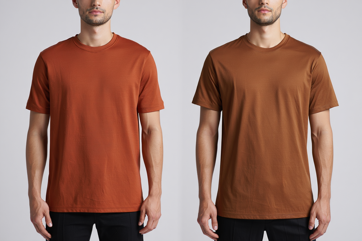 Side-by-side of heavyweight vs midweight organic cotton T-shirts showing drape and hem straightness.