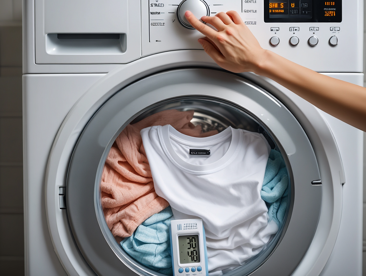 Warm wash cycle starting for a cotton T-shirt; thermometer shows mildly warm water and a hand selecting a gentle program.
