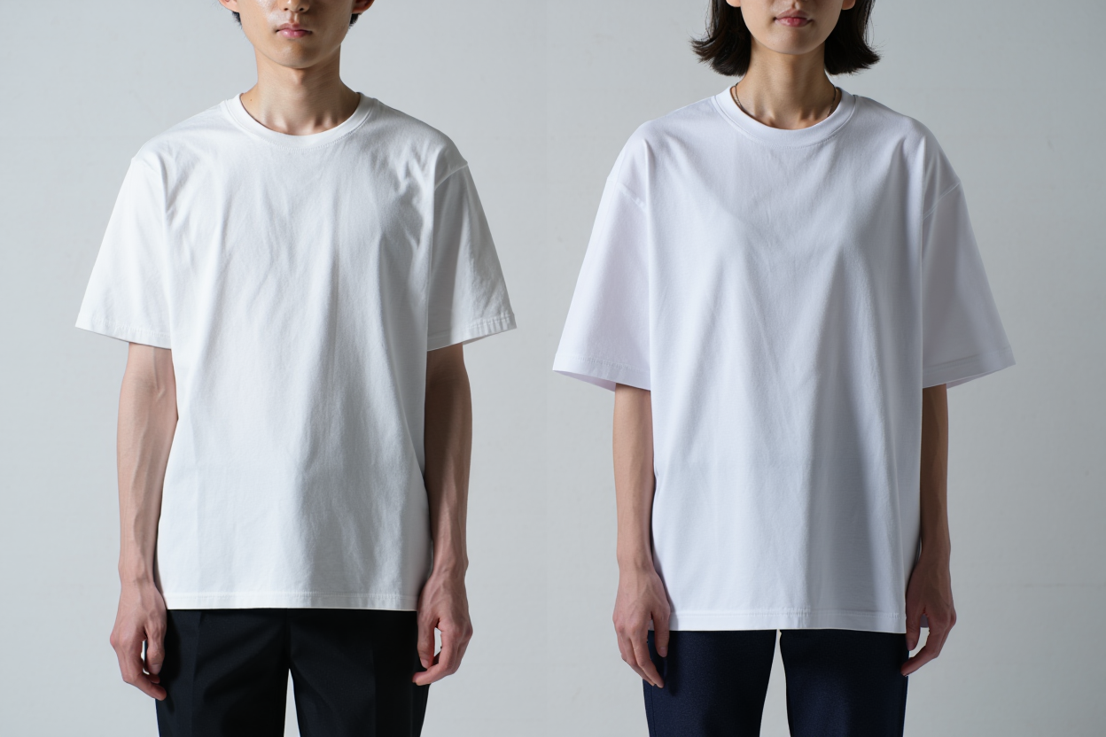 Side-by-side of heavyweight vs midweight organic cotton T-shirts showing drape and hem straightness.