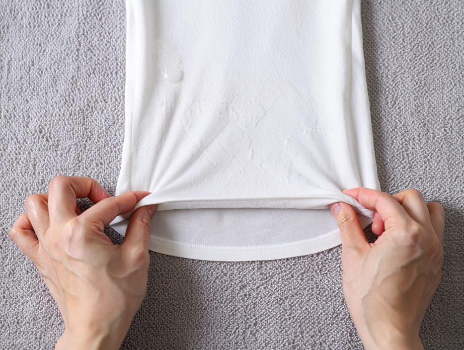 Blocking a damp cotton T-shirt flat on a towel; hands easing the hem and side seams evenly.