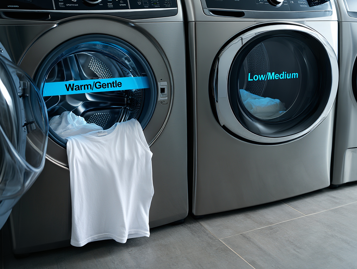 Washer set to Warm/Gentle and dryer set to Low/Medium; plain cotton tee visible in the drum.