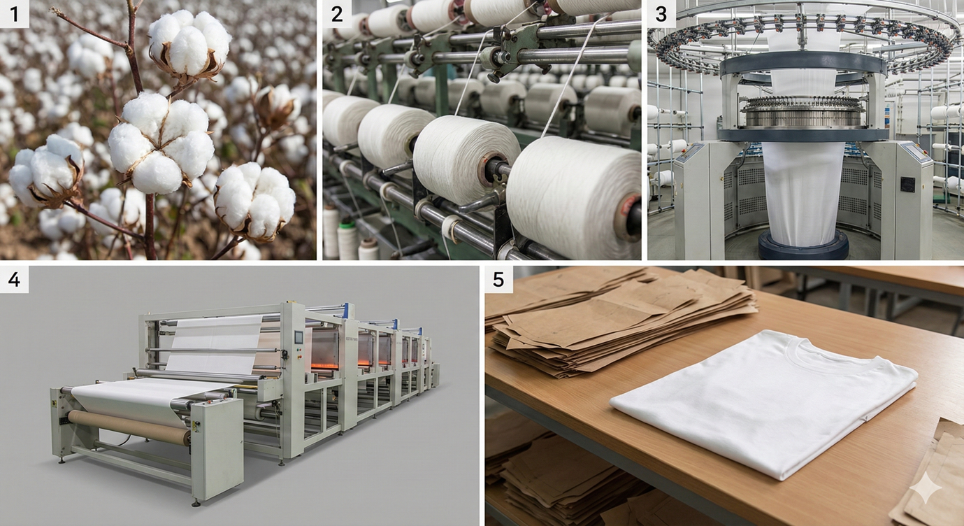 Five-stage collage: cotton bolls → spinning frames → circular knitting → dye/finish line → cut panels and a finished T-shirt.