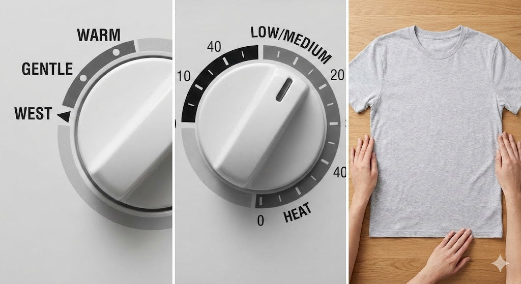 Three frames: Warm wash setting, 10-minute Low/Med dry, tee laid flat while hands smooth hem and seams.